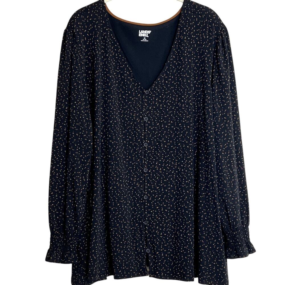 Lands End Womens Blouse Button Front Long Sleeve 1X Black Brown Speckled